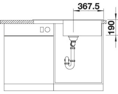 Technische tekening van een spoelbak met afmetingen
