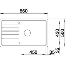Technische tekening van een spoelbak met afmetingen