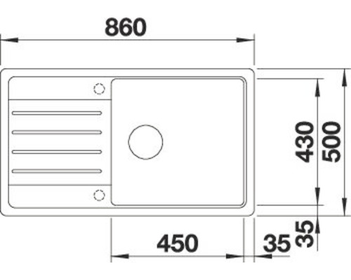 Technische tekening van een spoelbak met afmetingen