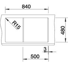 Schets van een spoelbak met de afmetingen 840, 480, 500, 3 en R15.