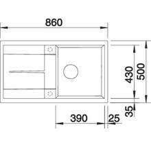 Technische tekening van een spoelbak met afmetingen.