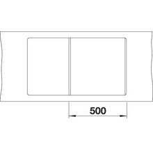 Tekening van een spoelbak met een breedte van 500 millimeter.