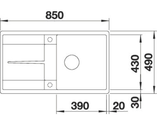 Technische tekening van een aanrechtbak met maatvoering