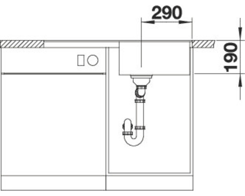 Schets van een spoelbakonderkast met de afmetingen 290 bij 190 millimeter