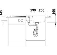 Technische tekening van een spoelbakonderkast met afmetingen