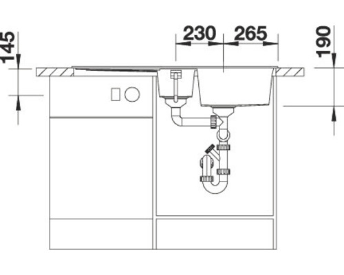 Technische tekening van een spoelbakonderkast met afmetingen