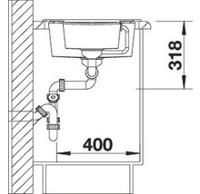 Technische tekening van een spoelbak met de afmetingen 318 en 400