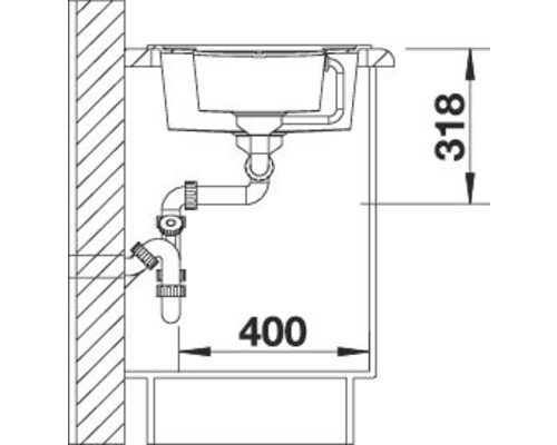 Technische tekening van een spoelbak met de afmetingen 318 en 400
