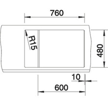 Technische tekening van een spoelbak met afmetingen