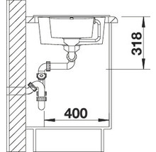 Schets van een spoelbak met de afmetingen 318 en 400.