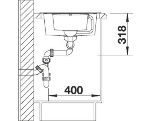 Schets van een spoelbak met de afmetingen 318 en 400.