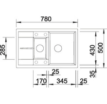Technische tekening van een spoelbak met de afmetingen 780 x 500 millimeter