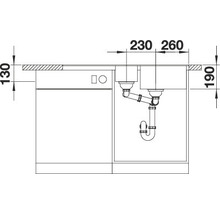 Schets van een spoelbak met afmetingen en sifon