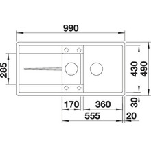 Technische tekening van een gootsteen met afmetingen