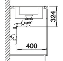 Schets van een spoelbak met afmetingen van de sanitaire installatie