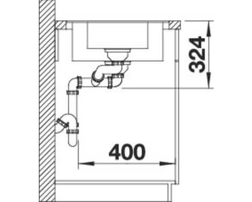 Schets van een spoelbak met afmetingen van de sanitaire installatie