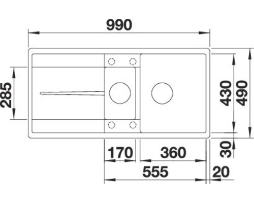 Technische tekening van een spoelbak met afmetingen