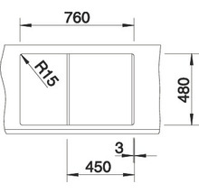 Technische tekening van een spoelbak met afmetingen