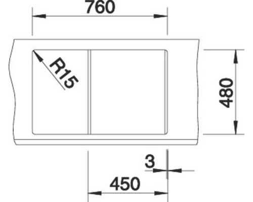 Technische tekening van een spoelbak met afmetingen