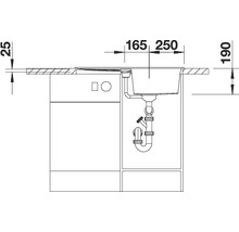Technische tekening van een gootsteen met afmetingen voor inbouw in een keukenblok