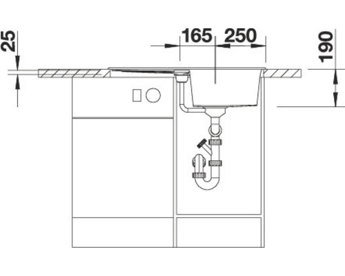 Technische tekening van een gootsteen met afmetingen voor inbouw in een keukenblok