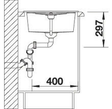 Technische tekening van een spoelbak met afmetingen