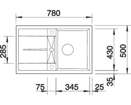 Technische tekening van een aanrechtspoelbak met afmetingen