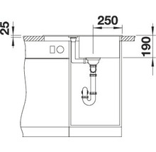 Technische tekening van een spoelbak met afmetingen.