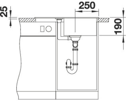 Technische tekening van een spoelbak met afmetingen.