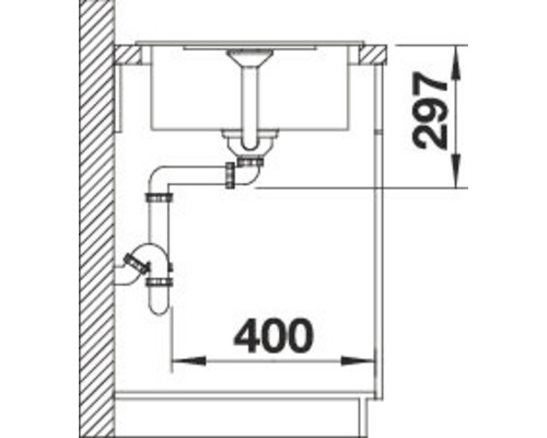 Technische tekening van een spoelbak met afmetingen