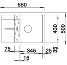Technische tekening van een spoelbak met afmetingen.