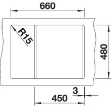Technische tekening van een spoelbak met afmetingen van 660 bij 480 millimeter