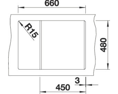 Technische tekening van een spoelbak met afmetingen van 660 bij 480 millimeter