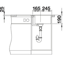Technische tekening van een spoelbak met afmetingen
