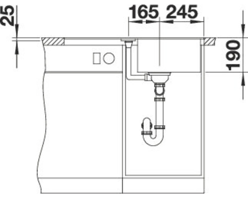 Technische tekening van een spoelbak met afmetingen