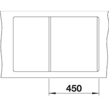 Tekening van een spoelbak met twee bakken en een breedte van 450 millimeter