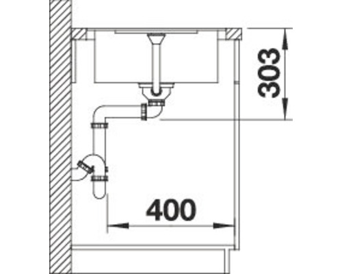 Technische tekening van een gootsteen met afmetingen.