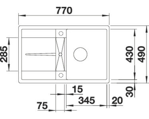 Tekening van een gootsteen met afmetingen