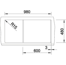 Technische tekening van een spoelbak met afmetingen.