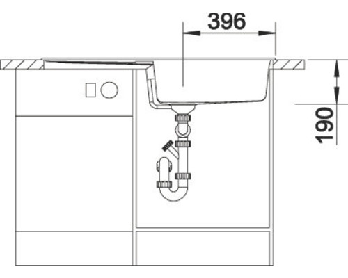 Tekening van een spoelbak met onderkast en maataanduidingen