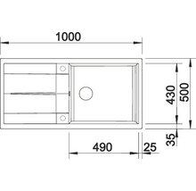 Tekening van een spoelbak met afmetingen.