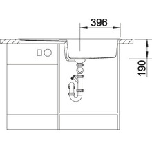 Technische tekening van een spoelbak met onderkast en maatvoering