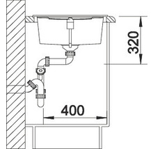 Technische tekening van een spoelbak met afmetingen 320 en 400.