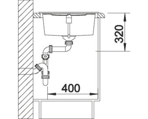 Technische tekening van een spoelbak met afmetingen 320 en 400.
