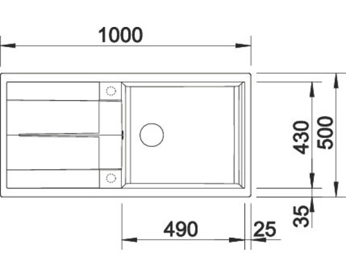 Tekening van een spoelbak met afmetingen 1000 x 500 millimeter.