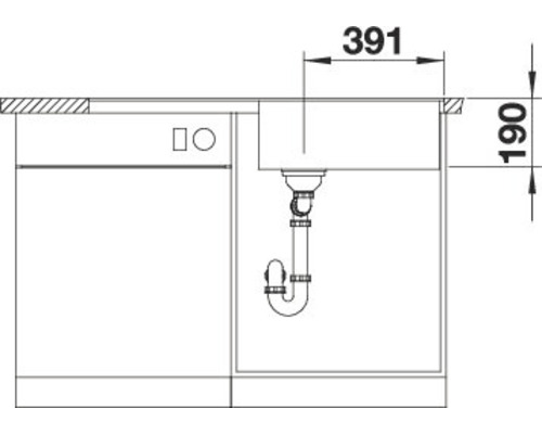Technische tekening van een aanrechtspoelbak met afmetingen