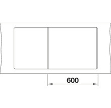 Schema van een spoelbak met twee knoppen en een breedte van 600 millimeter.