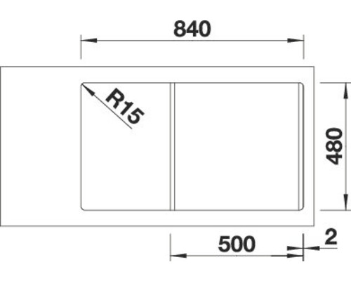 Tekening van een spoelbak met de afmetingen 840, 480 en 500