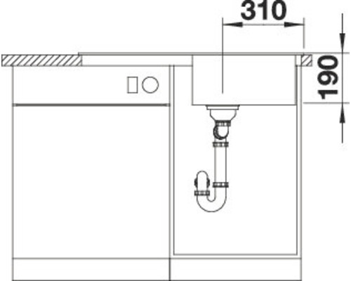 Schets van een spoelbakonderkast met afmetingen van 310 bij 190 millimeter.