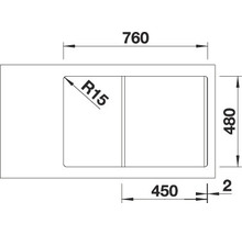 Technische tekening van een spoelbak met maataanduidingen